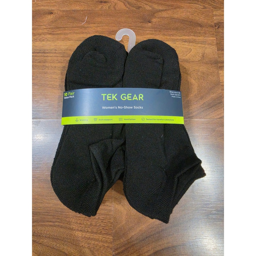 Tek Gear No-Show Socks Women 9-11 Black NEW 10 Pair Pack Arch Support Wicking